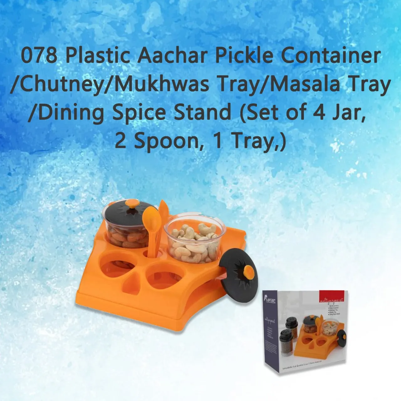 078 Plastic Aachar Pickle Container / Chutney / Mukhwas Tray / Masala Tray / Dining Spice Stand (Set of 4 Jar, 2 Spoon, 1 Tray,)