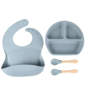 Babymoon Set of 4 | Silicone BPA Free Baby Kids Feeding Dinner Set Gift Box | Dinner Plate, Spoon & Fork, Silicone Bib | Grey