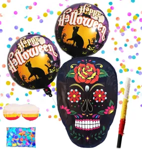 Black Skull Pinatas Perfect for Halloween Celebrations, Theme Parties, Kids Birthday Games, Mexican Fiestas, Day of the Dead Decorations in cluding Busterstick, Blindfold, Confetti and 2 Ballons