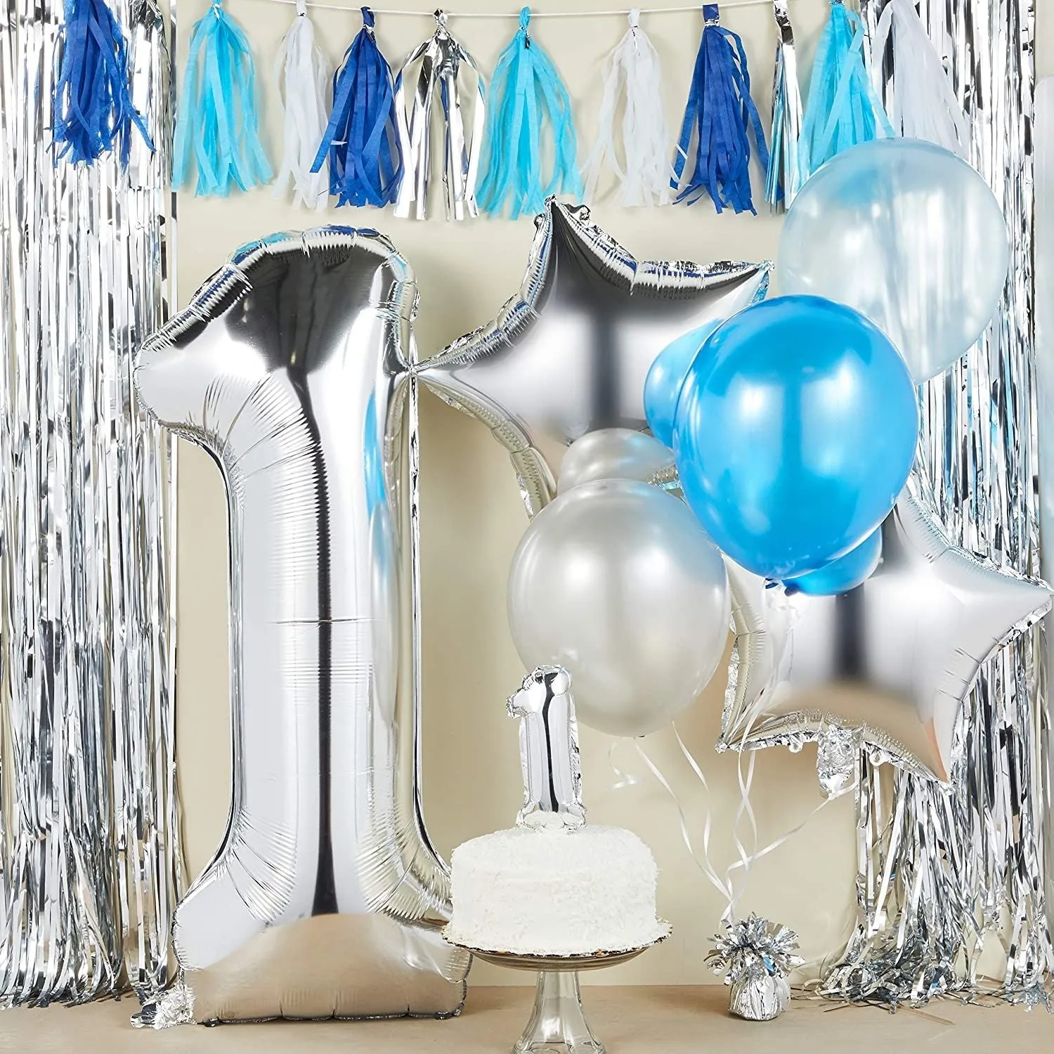 Blue & Silver Boy 1st Birthday Party Decorations, Balloons, Cake Topper and Tassels