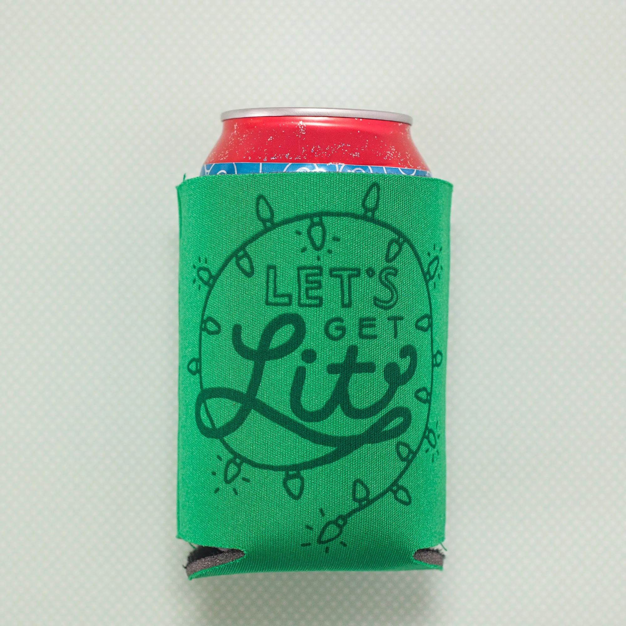 Christmas can coolie, funny holiday gift idea, beer huggie, let's get lit can coolie, easy stocking stuffer, funny Christmas party favor