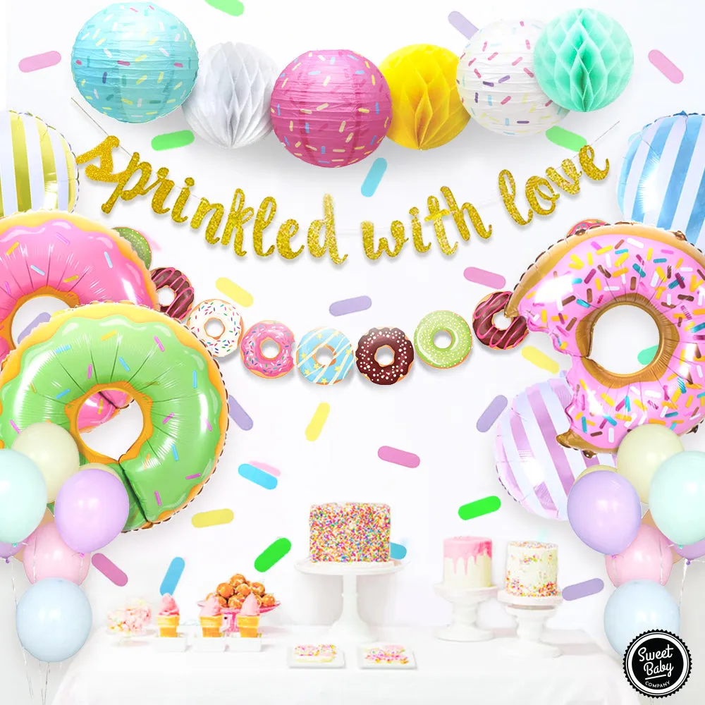 Donut Sprinkle Baby Shower Decorations with Lanterns, Balloons, Honeycomb Balls, and Confetti for Boy or Girl Baby Showers, Gender Reveals, and Birthdays