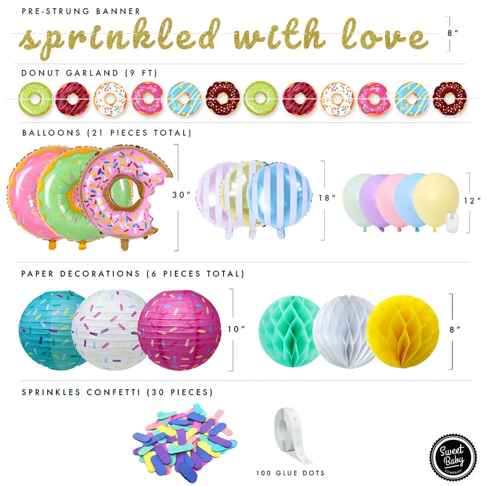 Donut Sprinkle Baby Shower Decorations with Lanterns, Balloons, Honeycomb Balls, and Confetti for Boy or Girl Baby Showers, Gender Reveals, and Birthdays