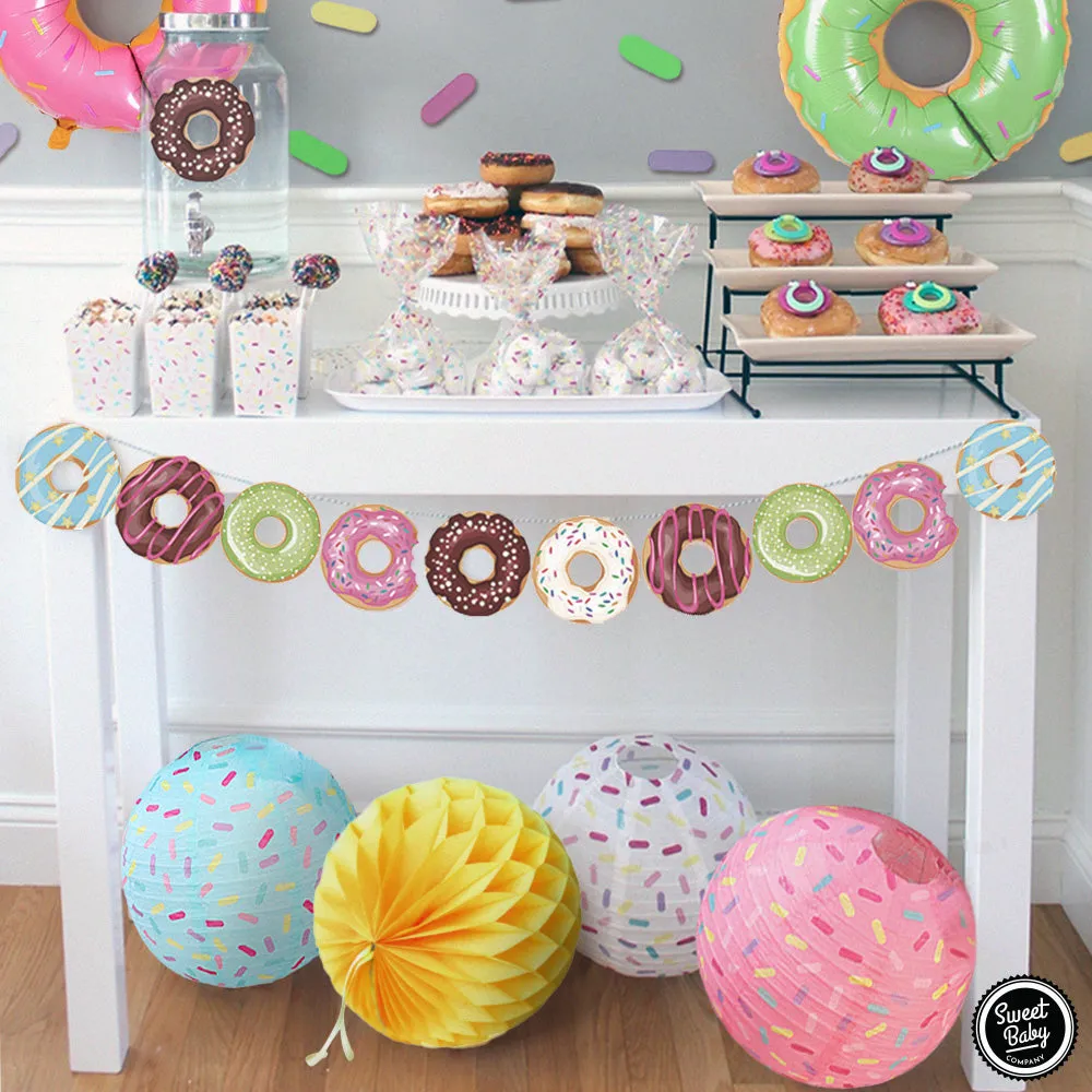 Donut Sprinkle Baby Shower Decorations with Lanterns, Balloons, Honeycomb Balls, and Confetti for Boy or Girl Baby Showers, Gender Reveals, and Birthdays