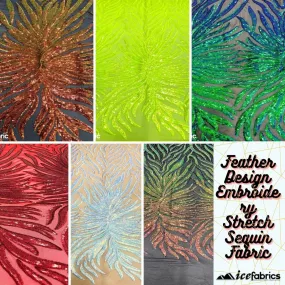 Feather Design Embroidery Stretch Sequin Fabric | 4 Way Stretch