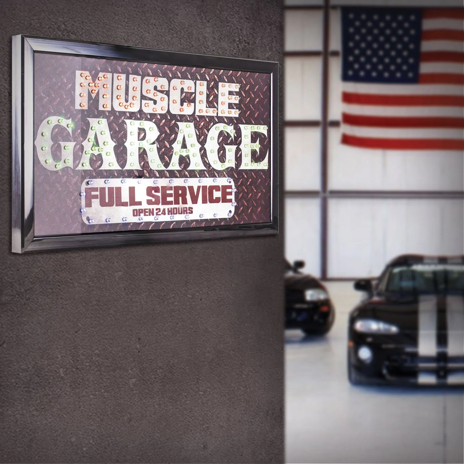 Muscle Garage Full Service Open 24 Hours Framed LED Sign