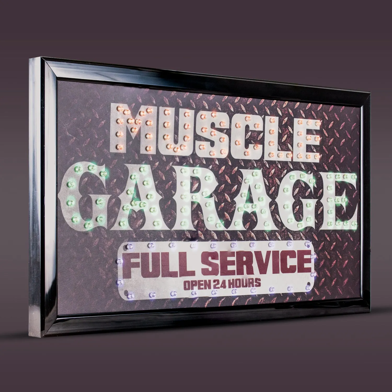 Muscle Garage Full Service Open 24 Hours Framed LED Sign