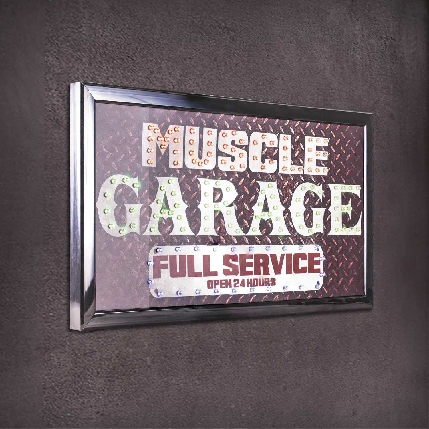 Muscle Garage Full Service Open 24 Hours Framed LED Sign