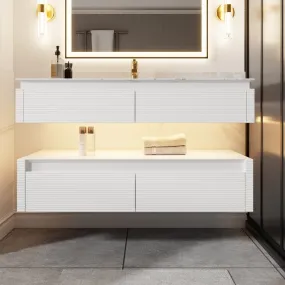 Segeo 48" Modern Solid Oak Floating Bathroom Vanity Cabinet White with Lights and Artificial Atone Countertop