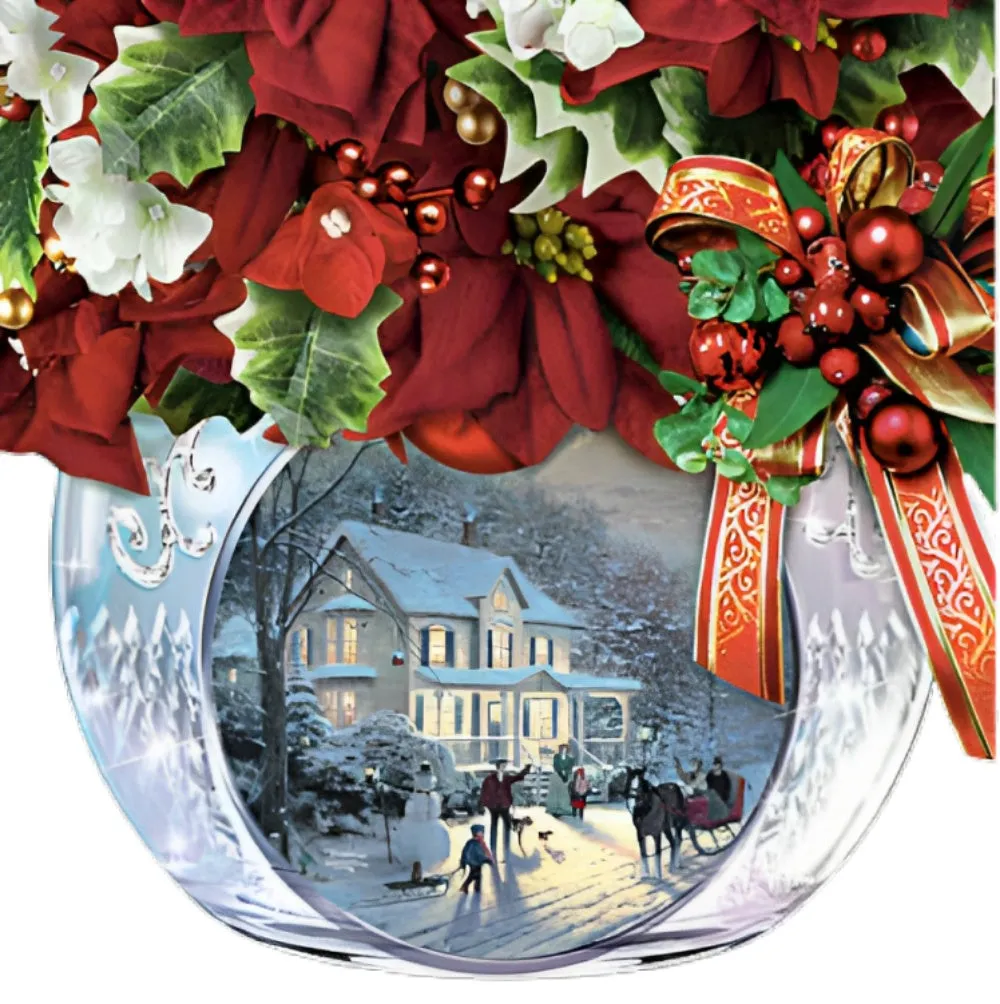 The Bradford Exchange Bringing Holiday Cheer Table Centerpiece with LED Lights & Holly Always in Bloom Floral Arrangement Christmas Decorations by Thomas Kinkade 11-Inches