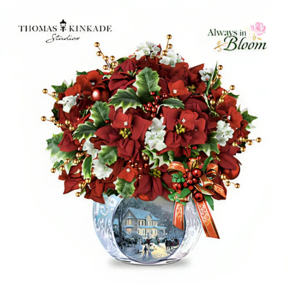 The Bradford Exchange Bringing Holiday Cheer Table Centerpiece with LED Lights & Holly Always in Bloom Floral Arrangement Christmas Decorations by Thomas Kinkade 11-Inches