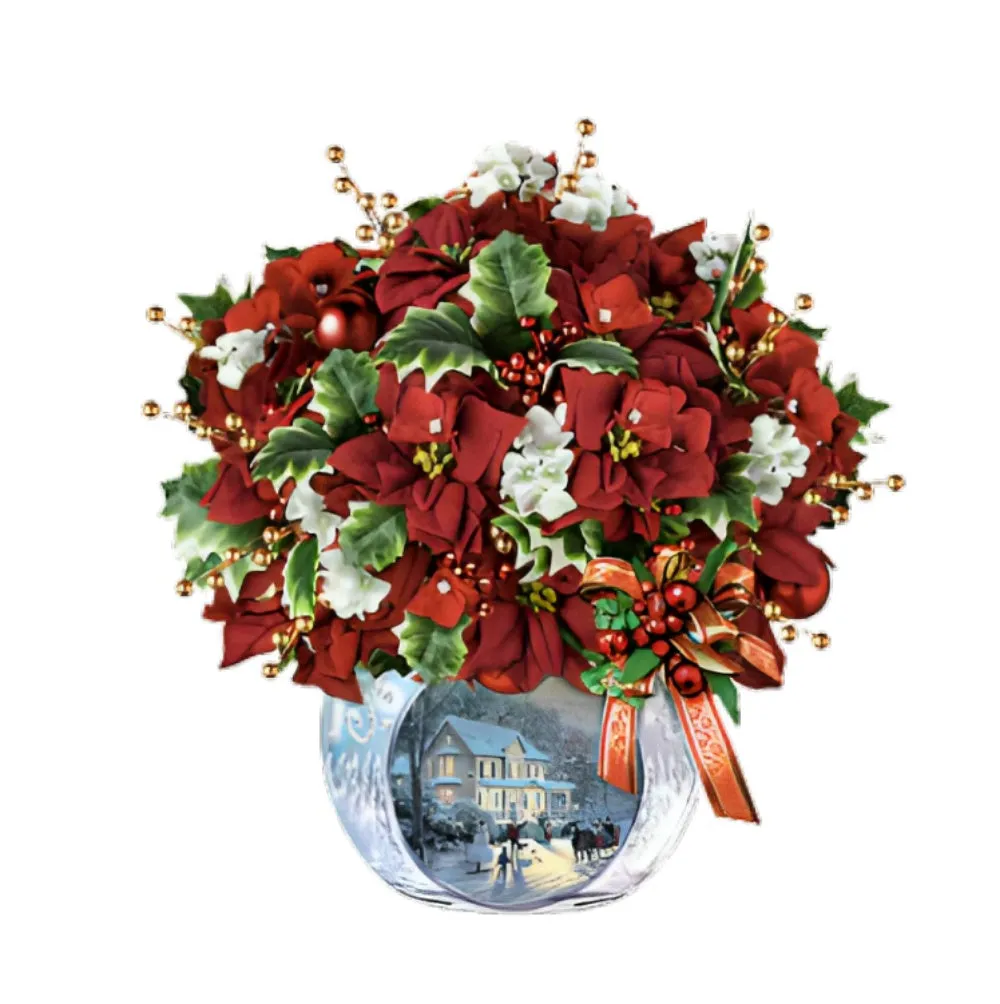 The Bradford Exchange Bringing Holiday Cheer Table Centerpiece with LED Lights & Holly Always in Bloom Floral Arrangement Christmas Decorations by Thomas Kinkade 11-Inches